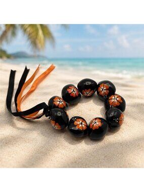 Hawaiian Kukui Nut Bracelet Black Orange Hibiscus Hand Painted Stretch 6 in